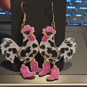 Pink and Black Rooster Earrings